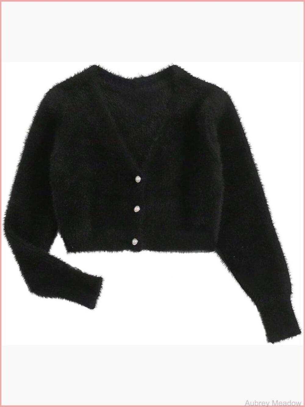 Chunky Pearl Button Crop Cardigan Women Fuzzy V-Neck Long Sleeve